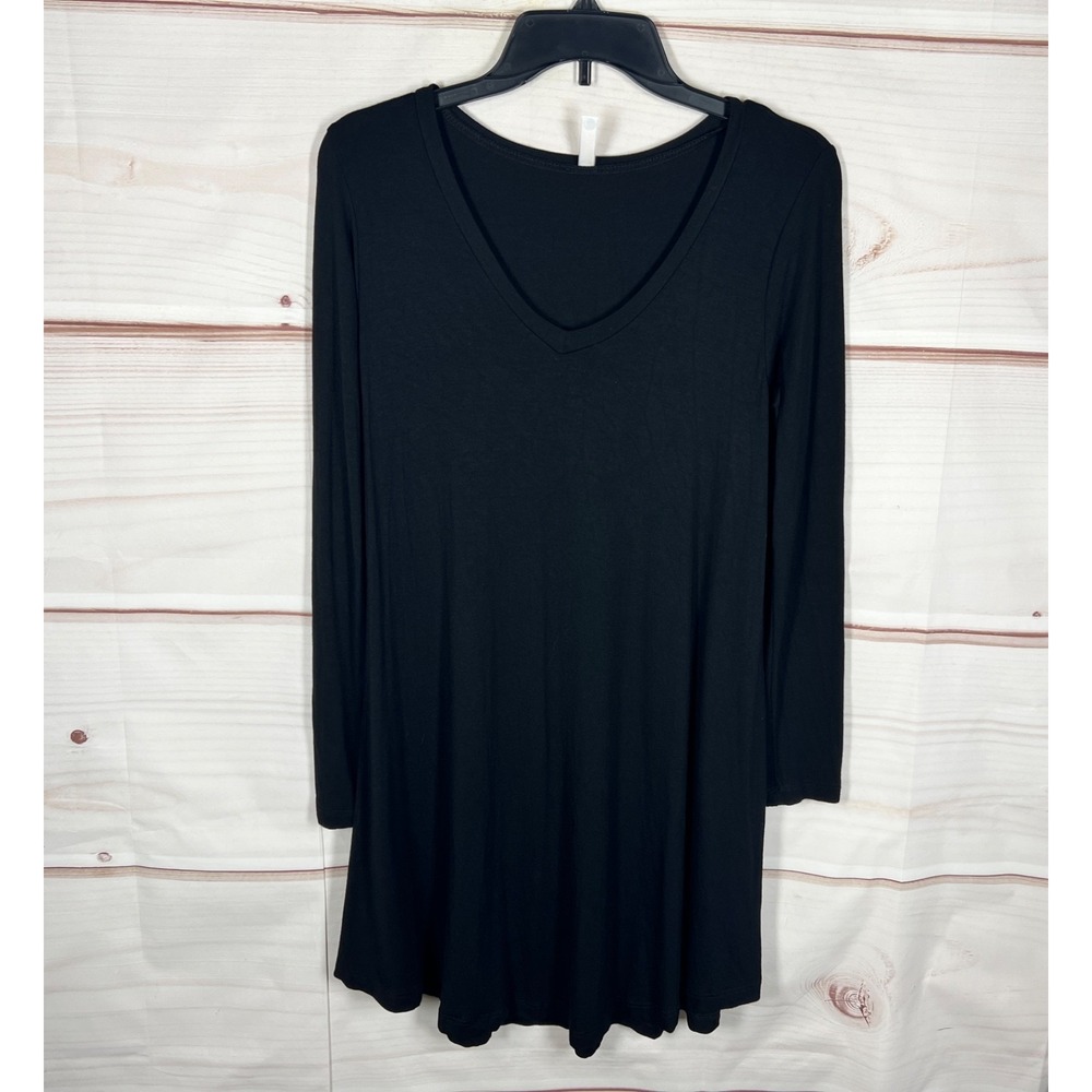 Popana Top Womens Large Black V-Neck Tunic Blouse Swing Jersey Knit Long Sleeve
